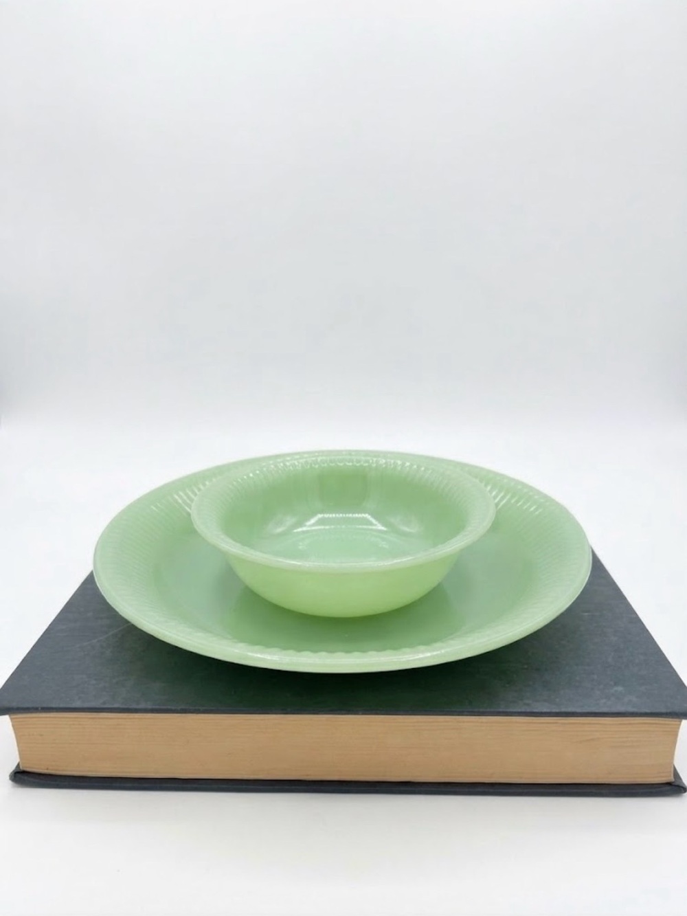 VTG Fire-King Jadite Jane Ray Ribbed Rim Bowls Set of 2 (7.5" & 4.75") Marked